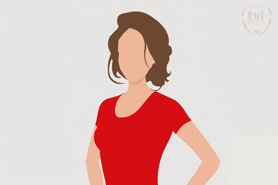 Grafische Darstellung einer Frau mit kurzen braunen Haaren, gekleidet in einem roten T-Shirt, vor einem hellen Hintergrund.