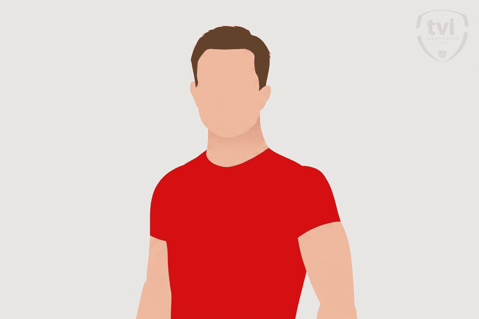 Grafische Darstellung eines Mannes in rotem T-Shirt ohne Gesicht auf hellgrauem Hintergrund.