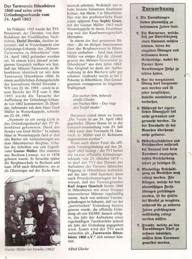 Historisches Dokument über den Turnverein Ibbenbüren 1860 mit Gründungsurkunde und Fotos von Gustav Müller und Familie.