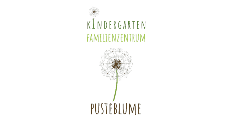 Logo des Familienzentrums „Pusteblume“ mit einer Pusteblume und den Schriftzügen „Kindergarten“ und „Familienzentrum“.