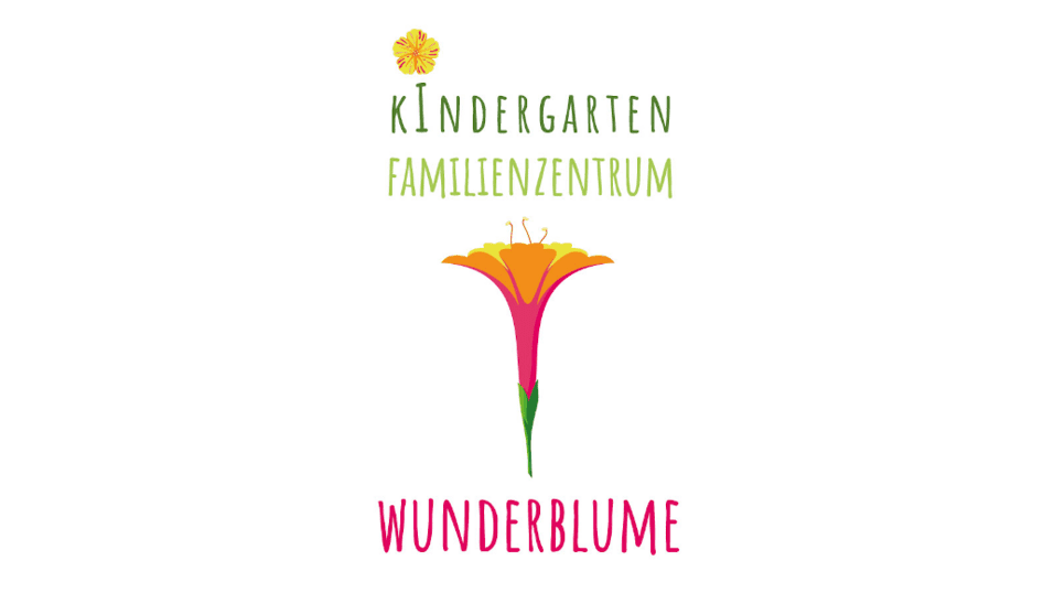 Logo des Familienzentrums "Wunderblume" mit bunten Schriftzügen und einer stilisierten Blume in der Mitte.
