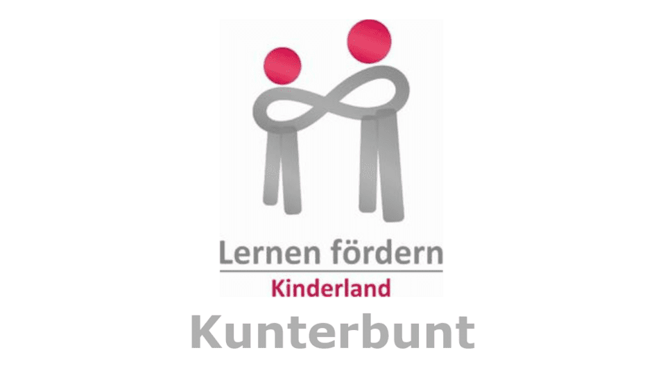 Logo von "Lernen fördern Kinderland": zwei stilisierte Figuren mit roten Köpfen und unendlichem Symbol, der Schriftzug "Kunterbunt" darunter.