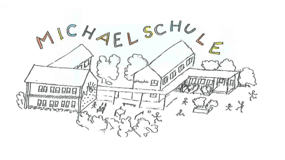 Zeichnung von mehreren Schulgebäuden mit dem Schriftzug „MICHAELSCHULE“ und spielenden Kindern im Freien.