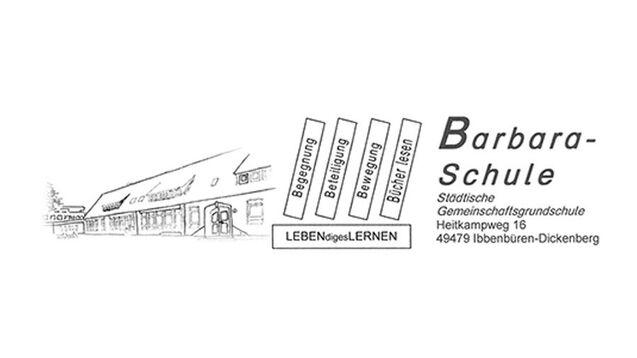 Logo der Barbara-Schule mit Skizze des Schulgebäudes und den Begriffen: Begegnung, Beteiligung, Bewegung, Bücher lesen.