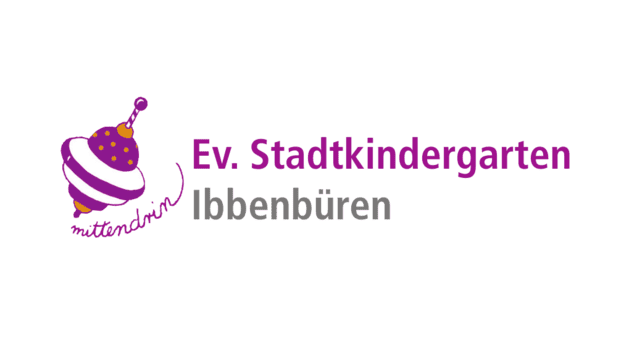 Logo des Ev. Stadtkindergartens Ibbenbüren mit einem bunten Kreisel und dem Text „mittendrin“.