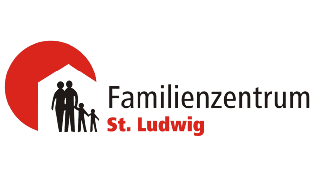 Logo des Familienzentrums St. Ludwig mit stilisierten Familienfiguren vor rotem Hintergrund.