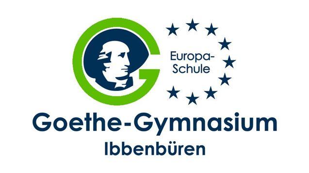 Logo des Goethe-Gymnasiums Ibbenbüren mit Abbildung von Goethe und europäischem Sternenkranz.