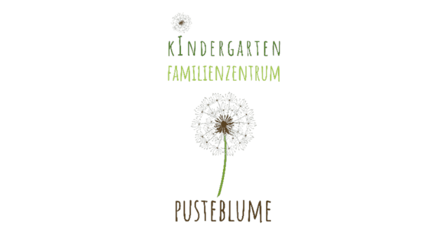 Logo des Familienzentrums „Pusteblume“ mit einer Pusteblume und den Schriftzügen „Kindergarten“ und „Familienzentrum“.