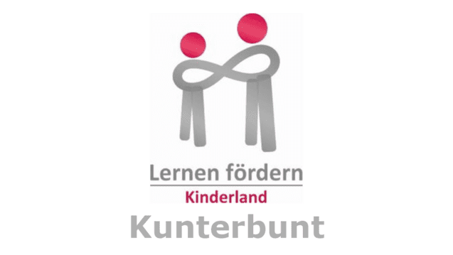 Logo von "Lernen fördern Kinderland": zwei stilisierte Figuren mit roten Köpfen und unendlichem Symbol, der Schriftzug "Kunterbunt" darunter.