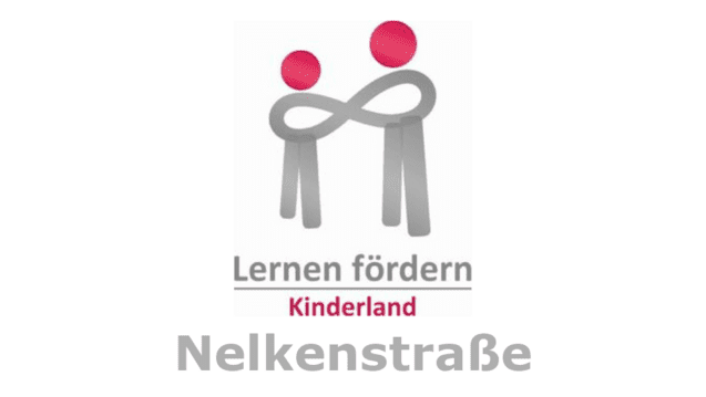 Logo von Lernen fördern: Zwei stilisierte Figuren mit roten Köpfen und einem Unendlichkeitssymbol, darüber der Text „Kinderland“.