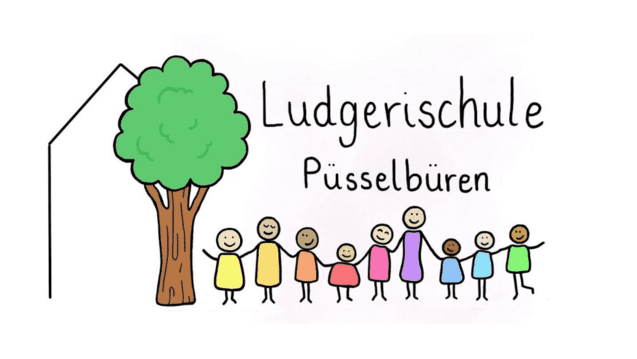 Illustration eines Baumes neben dem Schriftzug "Ludgerischule Püsselbüren" mit bunten, stilisierten Kindern.