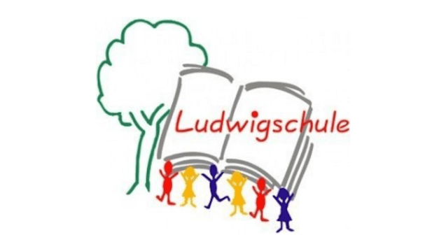 Logo der Ludwigs-Schule mit einem geöffneten Buch, einem Baum und bunten, stilisierten Figuren.