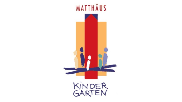 Logo mit der Aufschrift „Matthäus Kindergarten“, stilisierte Figuren auf einer Gestaltung in Rot, Gelb und Blau.