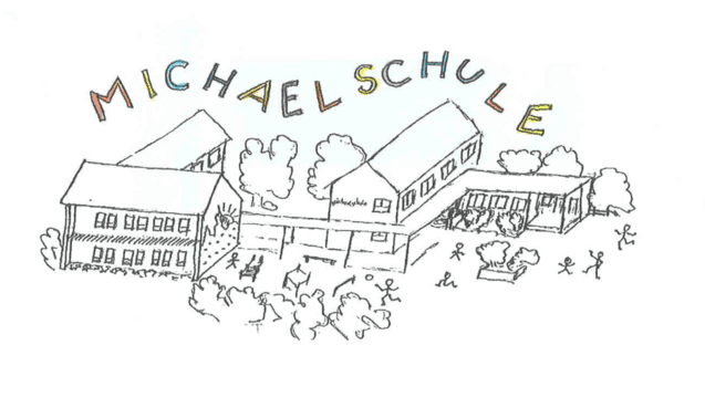 Zeichnung von mehreren Schulgebäuden mit dem Schriftzug „MICHAELSCHULE“ und spielenden Kindern im Freien.