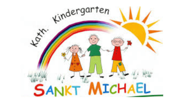 Logo des katholischen Kindergartens Sankt Michael mit drei Kindern, einem Regenbogen und einer Sonnendarstellung.