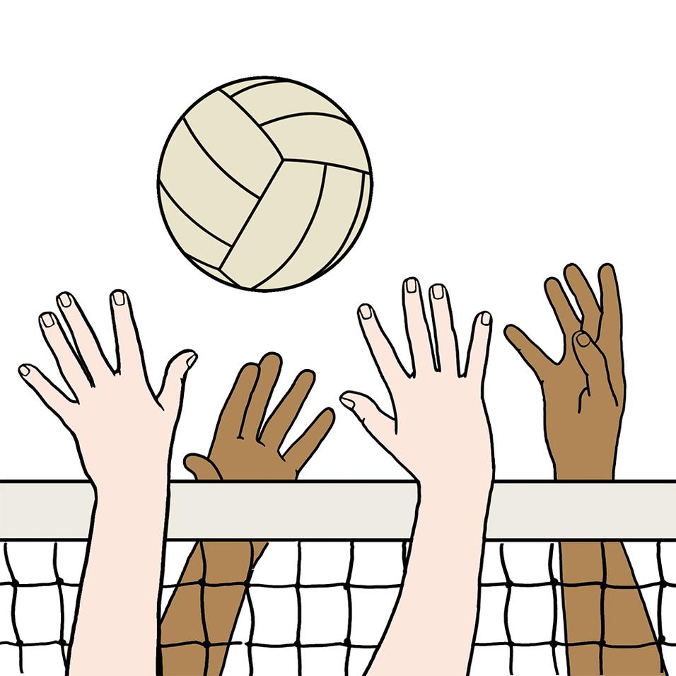 Hände strecken sich nach einem Volleyball über einem Netzwerk, das die Spielfeldhälften trennt.
