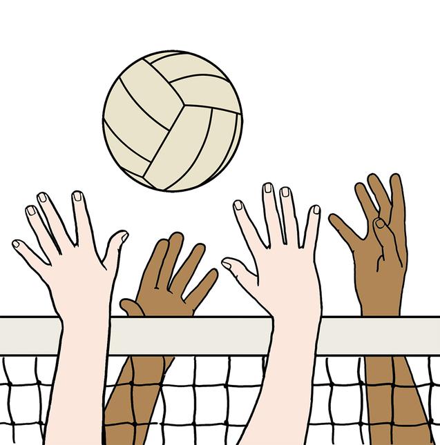 Hände strecken sich nach einem Volleyball über einem Netzwerk, das die Spielfeldhälften trennt.