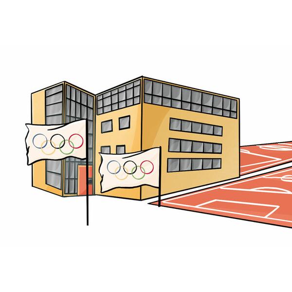 Illustration eines modernen Gebäudes mit Olympiageländern vor einem roten Sportplatz.